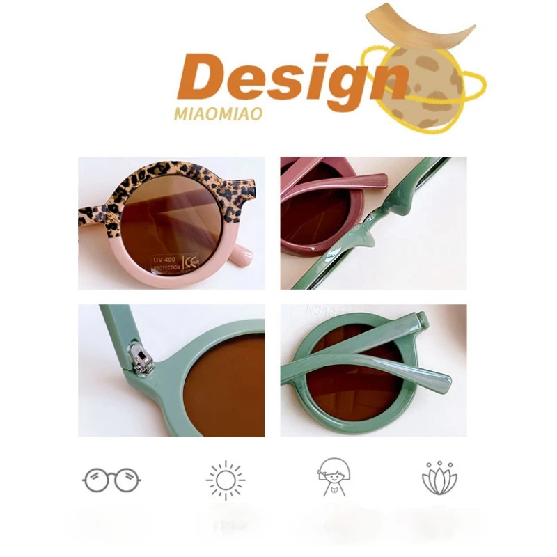 Nouveaux enfants mignon dessin animé ours forme lunettes de soleil rondes fille garçon léopard Double couleur Vintage lunettes de soleil Protection UV classique enfant_voghion.com