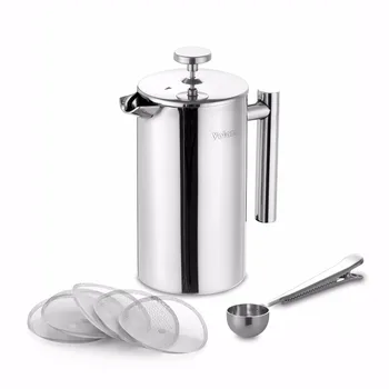 

Velaze 1L French Cafetiere Coffee Pot, French Press with Stainless Steel, Double Wall Tea Maker Coffee Spoon and Filter Screen
