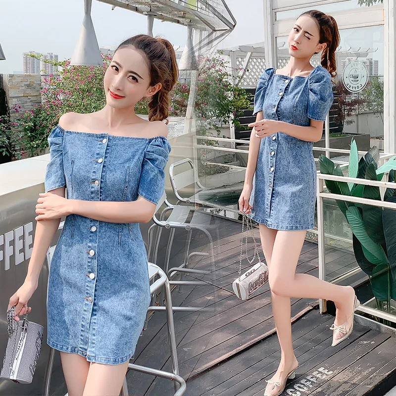 

Spring And Summer 2020 Korean-style New Style Sexy Slimming off-Shoulder Mid-length Denim Skirt Puff Sleeve Square Collar Dress