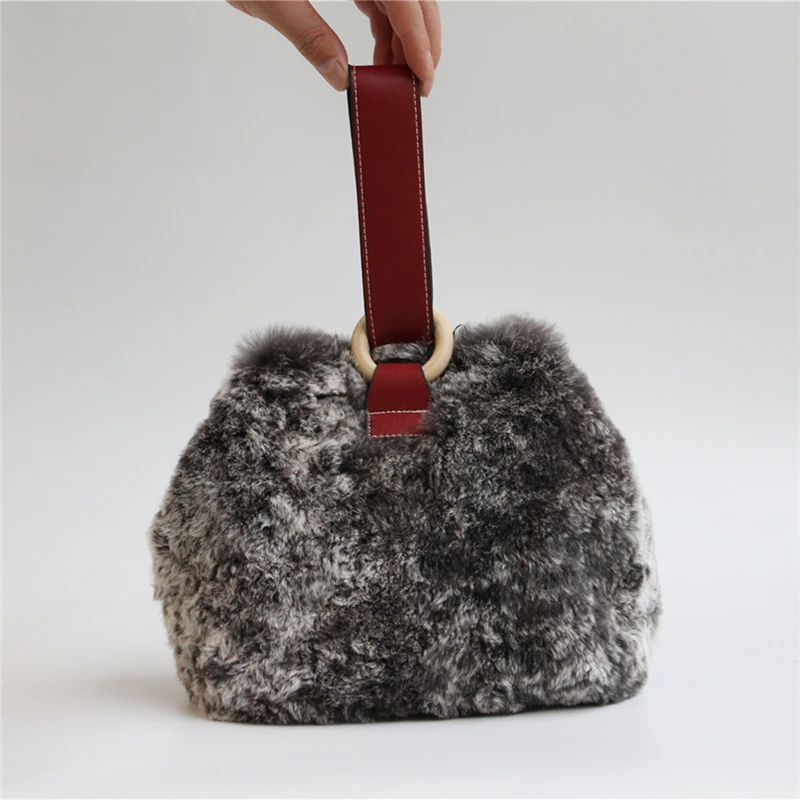 IANLAN New Womens Rex Rabbit Fur Shoulder Bags Casual Real Soft Fur Crossbody Bags Genuine Cowhide Handbags IL00557
