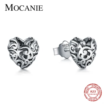 

Mocanie Vintage 925 Sterling Silver Simple Pattern Hearts Anti-Allergy Stud Earring for Women Korea Style Ear Pin Fine Jewelry