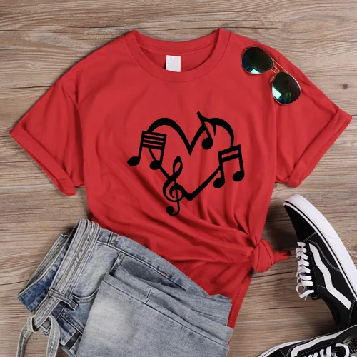 ONSEME Музыка Примечания Сердце Любовь Графический футболки Эстетическая одежда летняя девушка мощная страстная музыка футболка для леди девушки Q-923 - Цвет: Red