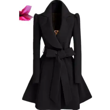 

2019 Women Casual Slim Sweet Bowknot Long Coat Elegant Vintage Streetwear With Belt Wool Overcoat Coat