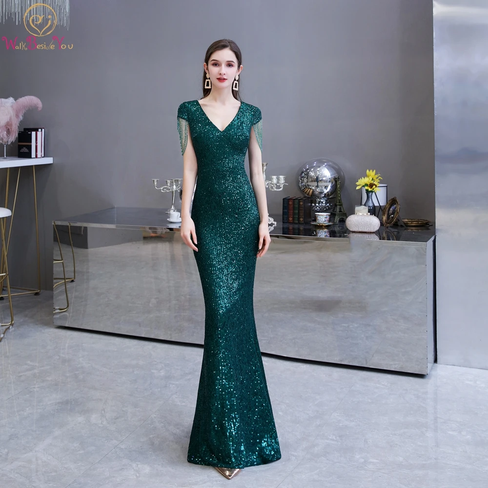

2020 Women Formal Dresses Green Sequin Beaded Tassel Cap Sleeves Mermaid Long Prom Gowns Floor Length Walk Beside You
