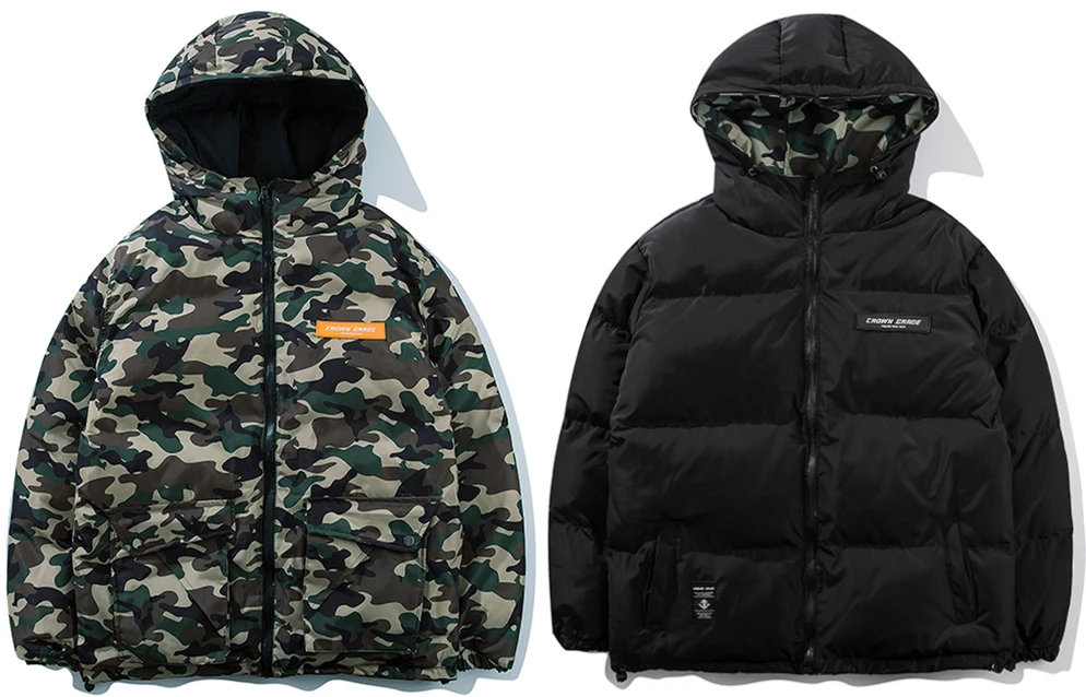 Camouflage black Хип-хоп камуфляжная куртка с капюшоном парка Мужская ветровка уличная Harajuku зимняя стеганая куртка пальто двусторонний свитер - Цвет: Camouflage black