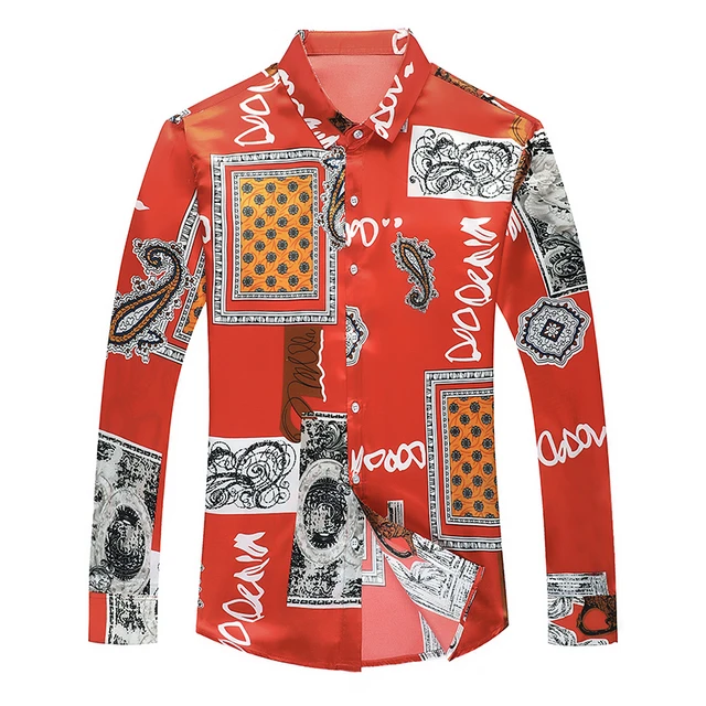 New 2020 Male Floral Printed Silk Shirts Vintage Patterns Printing Man Satin Silk Dress Shirts Long Sleeve Silk Clothes