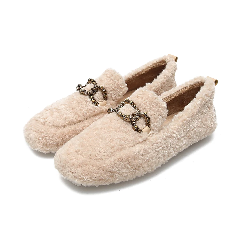 Зимние лоферы; женские мокасины из овечьей шерсти; теплые уличные балетки на плоской подошве с мехом; мягкая обувь для медсестры - Цвет: 999-8 beige