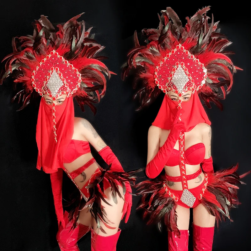 Red DS Bikini Ночной клуб Костюм Производительность Высокие Шорты Сценический Костюм Перо Ночной Клуб Танцевальная Одежда Сексуальная одежда