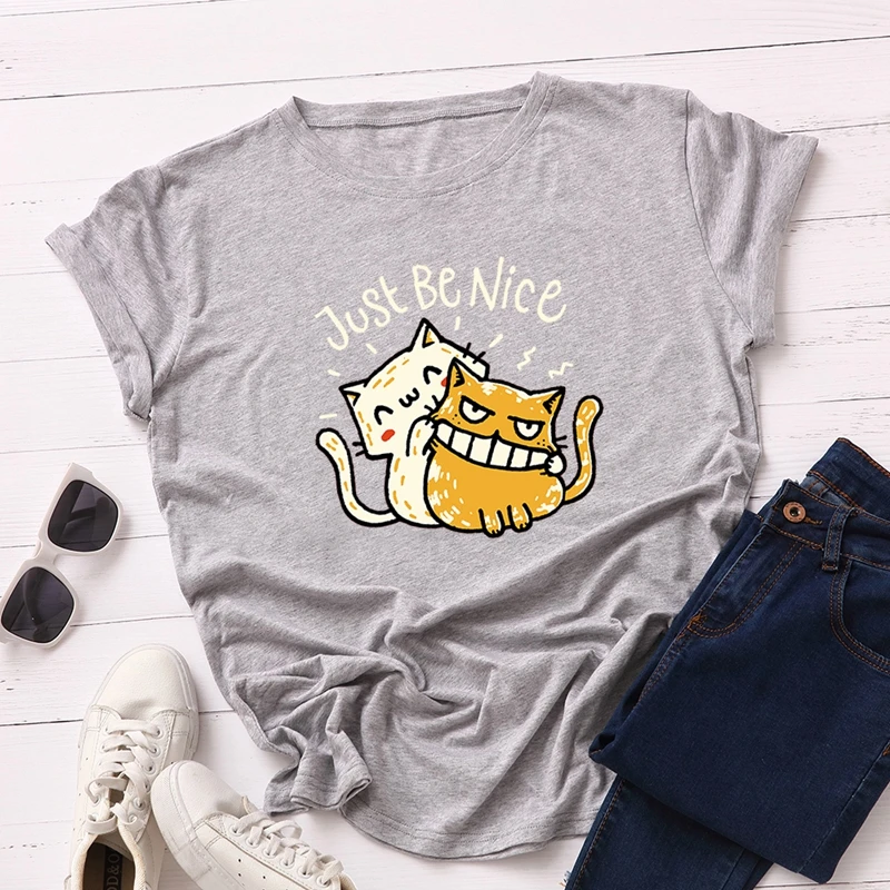 Хлопок, плюс размер, женские футболки, графические футболки, женские рубашки, летние топы, просто быть милыми котами, забавная футболка, футболка - Цвет: Light Gray