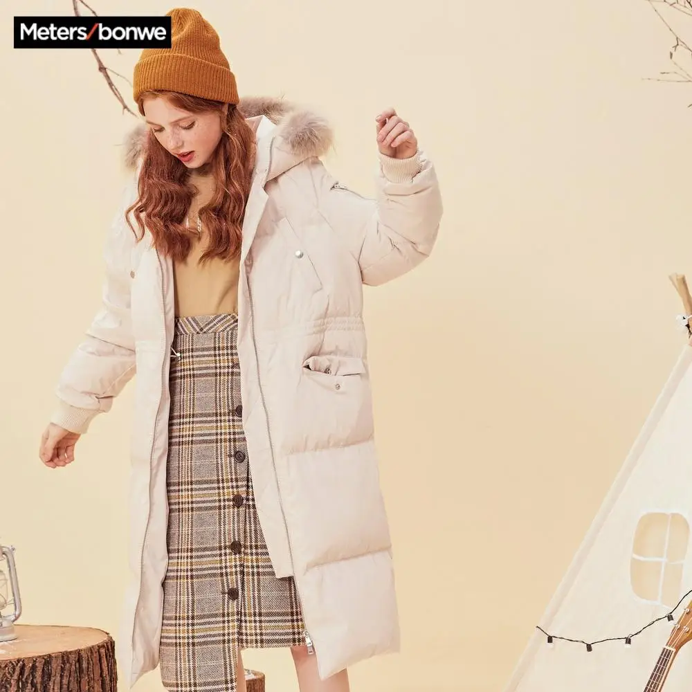 Metersbonwe зимняя Длинная женская куртка с капюшоном и меховым воротником Белое