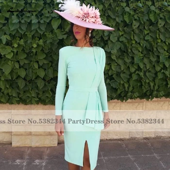 

Mint African Mother Of The Bride Dress for Wedding Party 2020 Chic Women Short Evening Dress Long Sleeves Front Split