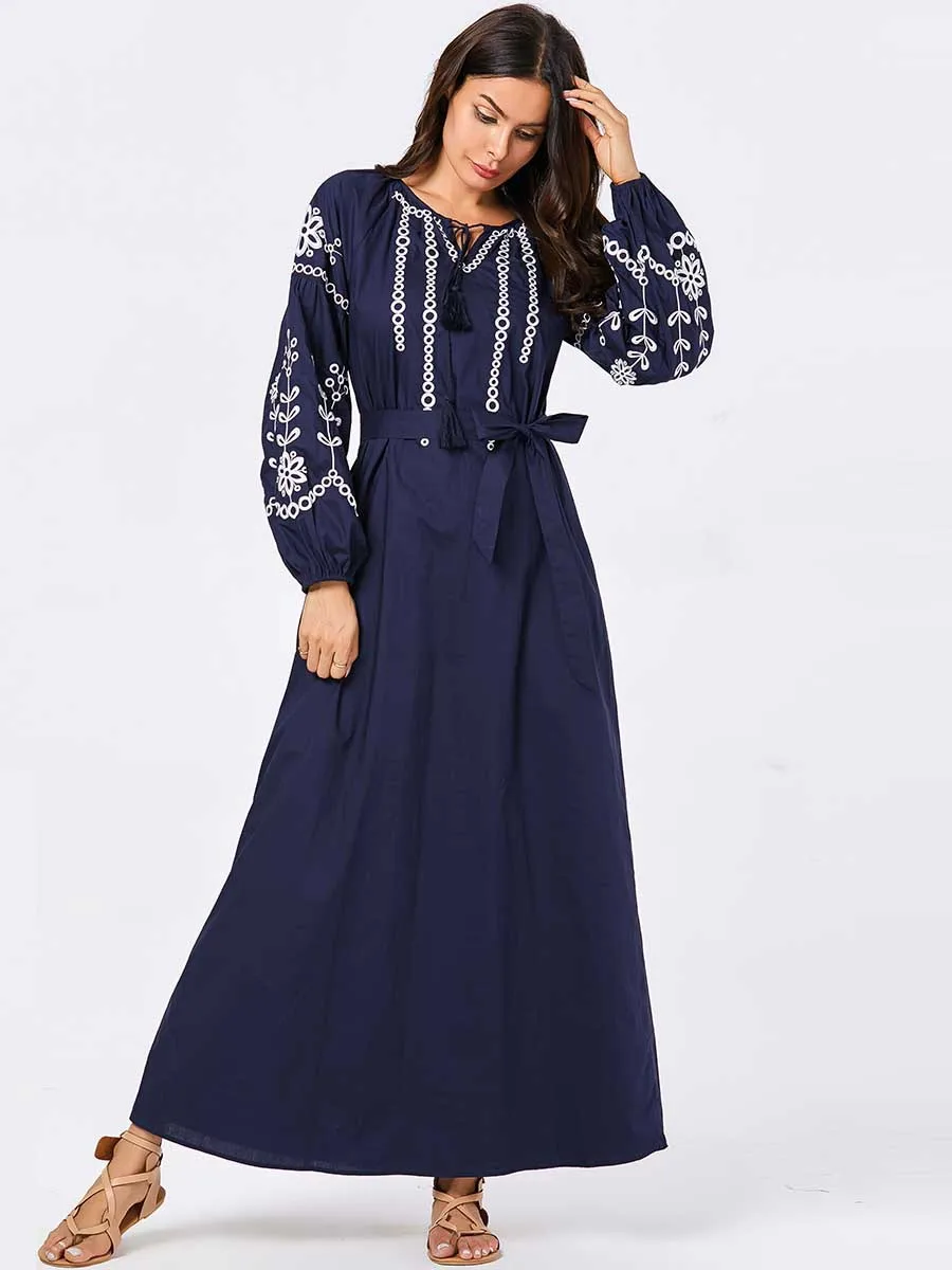 Женский Восточный халат Абая для мусульман скромное платье темно синего цвета