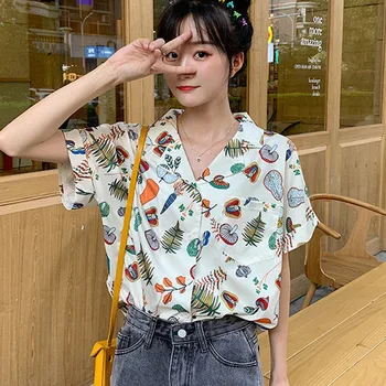 

Women Hawaiian Style Leaves Print Chiffon Blouses Short Sleeve Turn-down Collar Blouse Shirt Holiday Beach Casual Print Tops