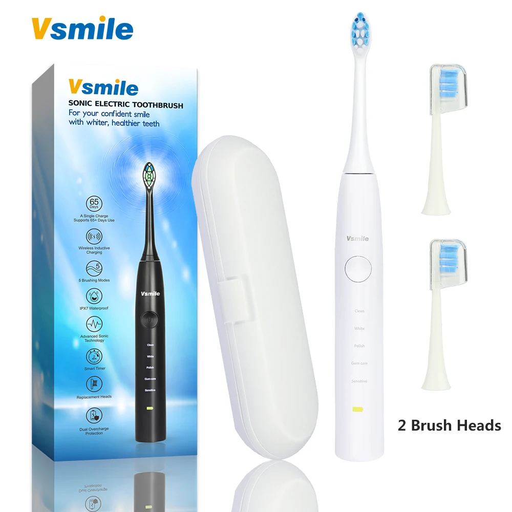 Vsmile Ультразвуковая электрическая зубная щетка для Зубная щётка 2200 мАч аккумулятор 80 дней на одной зарядке время работы 5 режимов 2 насадки для зубной щетки с Путешествия Чехол Smart Зубная щётка - Цвет: Pearl White