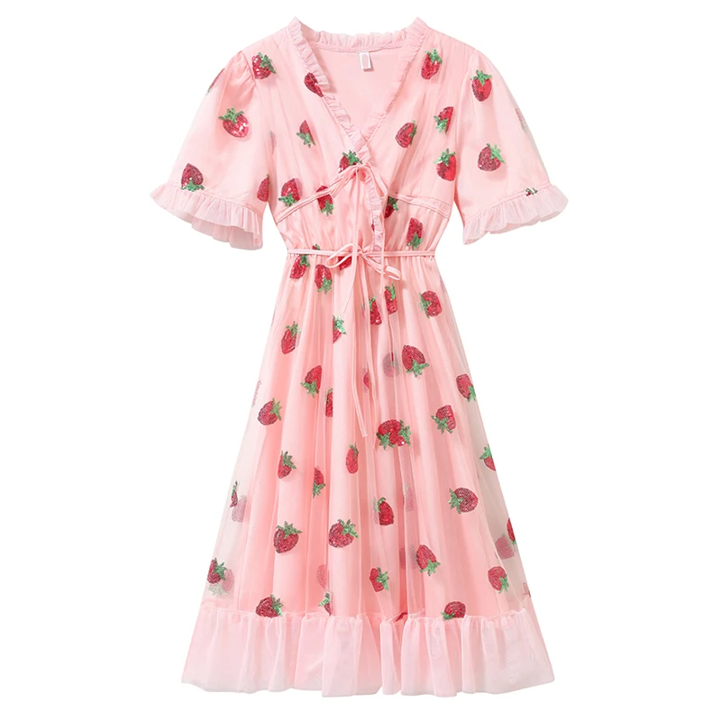 

2021 Summer Casual Fairy Tulle Solid High Waist Women Dress Lovely Shinning Strawberry Sequin Lace-up Floral Sleeve Loose Dress