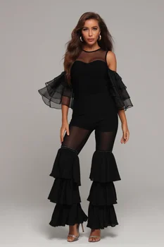 

High Quality Women Summer Sexy O Neck Short Sleeve Cascading Ruffles Black Cotton Jumpsuit 2020 Fashion Female Jumpsuits Vestido