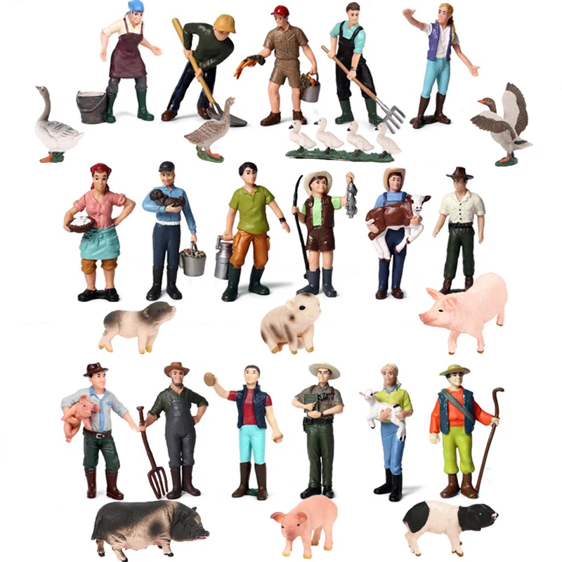 Kids Toys Models Figures Simulation-Farm Farmer-Staff-Feeder Pig-Animal-Figurine Action--Toy