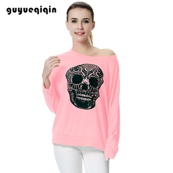 

guyueqiqin Women Shirt Skull Printed Loose Pullover Top Off Shoulder Sexy Women T shirt Solid Long Sleeve Casual Shirt