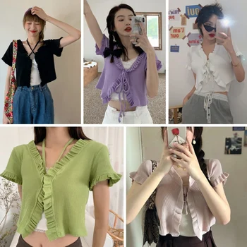 

2020 Summer Short Sleeve Knitted Cardigan Tshirt Sweet Girl Fashion Lace Short T-shirt Women Lace Up Tee Top