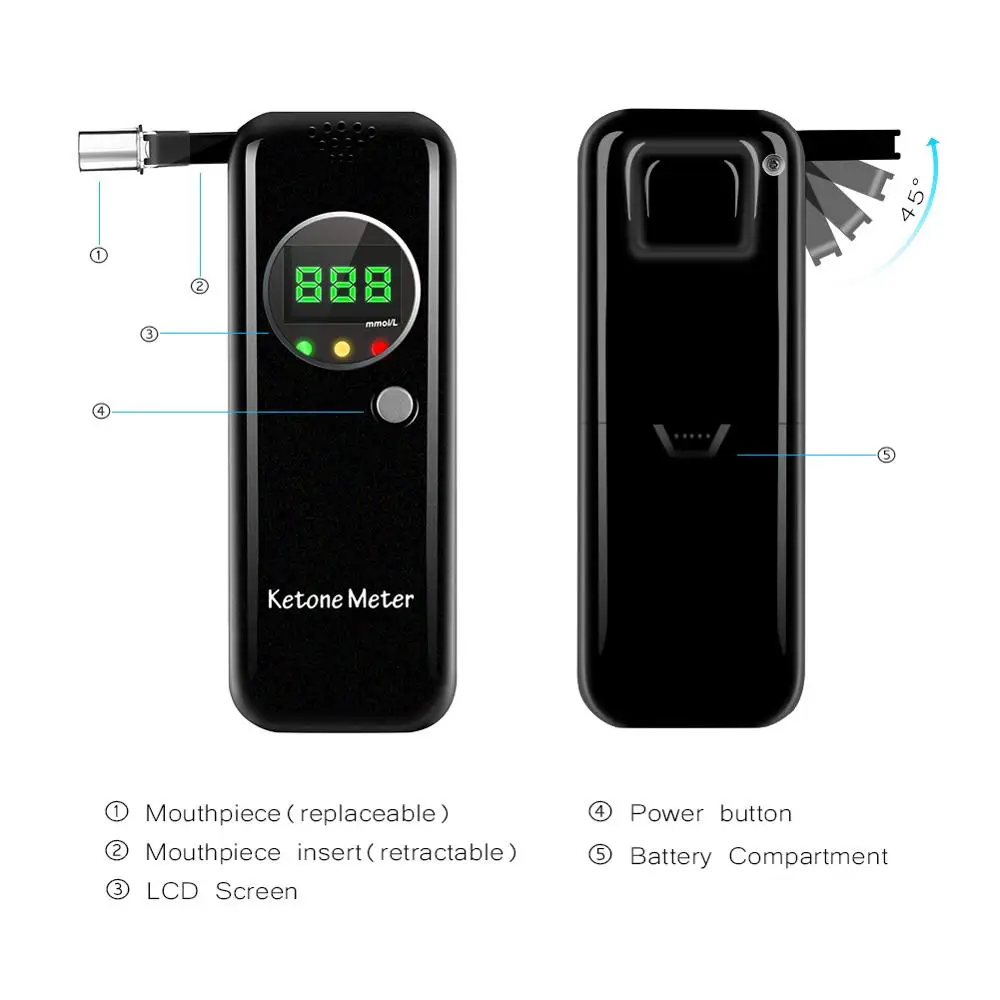 Breath Ketosis Meter Digital Breath Ketone Analyzer Portable Ketosis Breath  Tester with 10 Replaceable Mouthpieces White