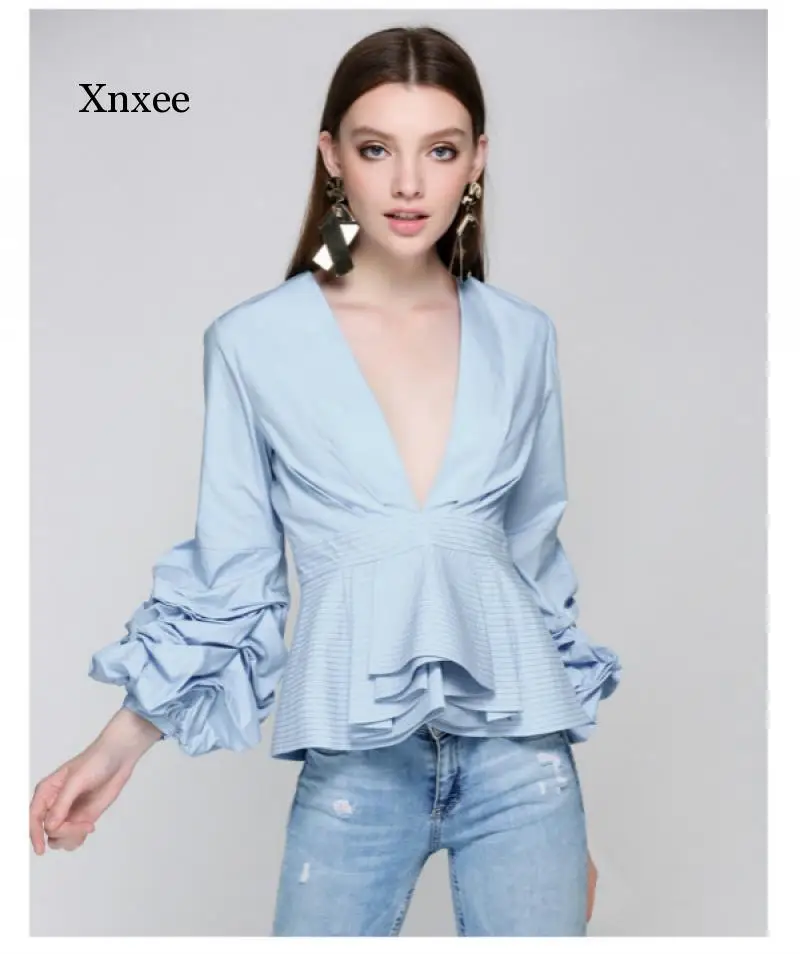 

Silk Womens High Waist Blouse Long Sexy Deep V-Neck Slim Ruffle Summer Female Elegant Shirt Puff Sleeve Top Fashion Blouses