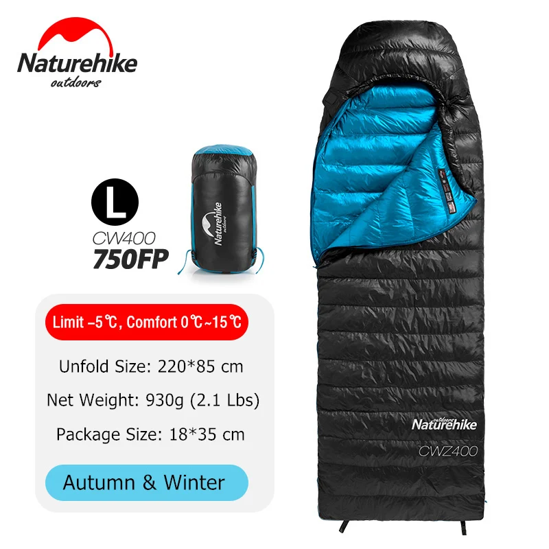 Naturehike CW400 Сверхлегкий 4 сезона квадратный гусиный пух альпинистский спальный мешок для холодной погоды водонепроницаемый спальный мешок для кемпинга - Цвет: 750FP - Black - L