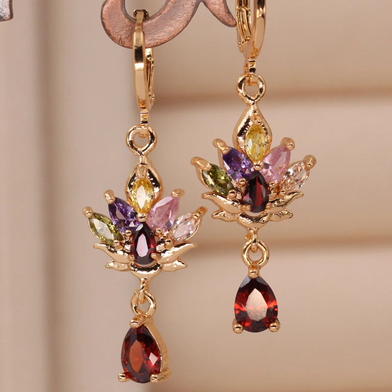 

Bohemian Style Women Dangle Earrings Long Gold Water Drop Earrings Lotus Flower Earrings Color Mix Zircon Earrings OBS4666