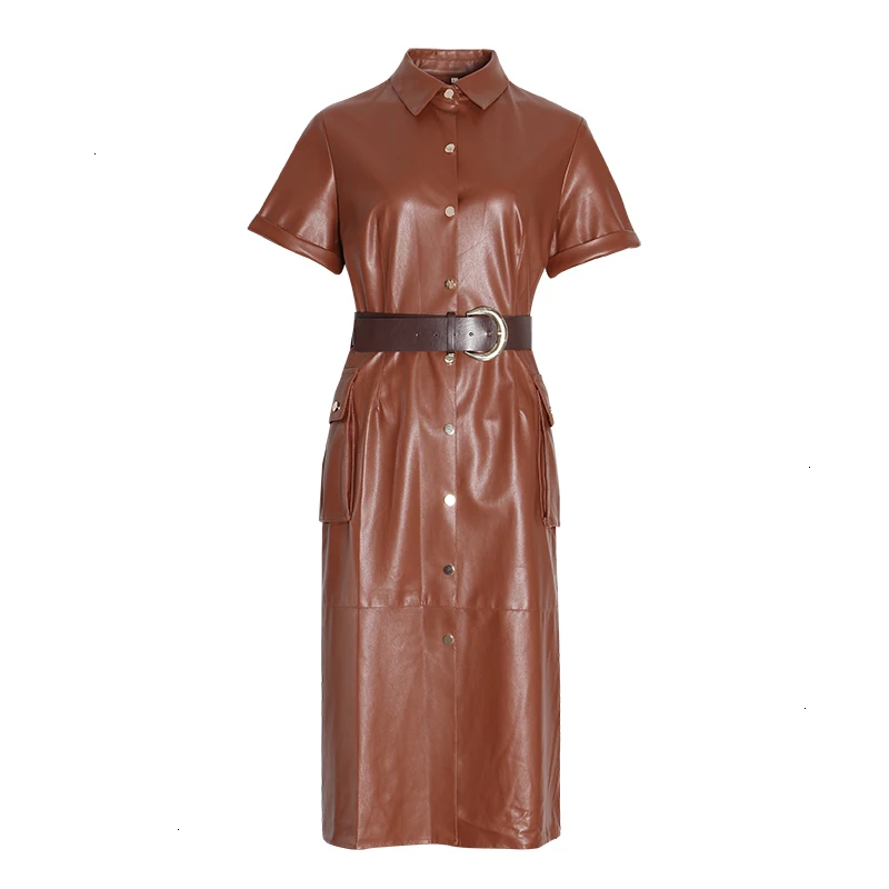 CHICEVER PU Leather Dress For Women Lapel Collar Short Sleeve High Waist Sashes Female Dresses Autumn Fashion New Clothes - Color: Brown