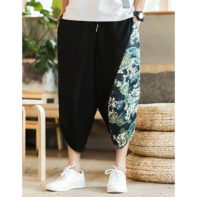 

Sinicism Store Mens 2020 New Beach Pants Male Summer Casual Calf-Length Pants Man Ethnic Style Print Patchwork Loose Trousers