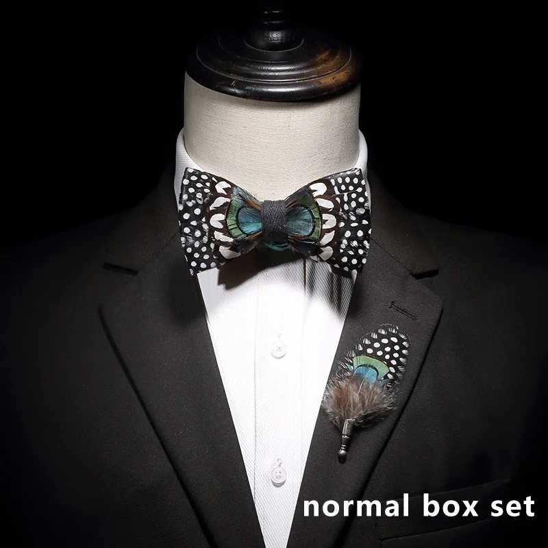 normal box set JEMYGINS Мужская натуральная брошь-перо бабочка мода галстук бабочка Брошь деревянная коробка набор вечерние свадьбы, концерта Галстуки для волос - Цвет: normal box set