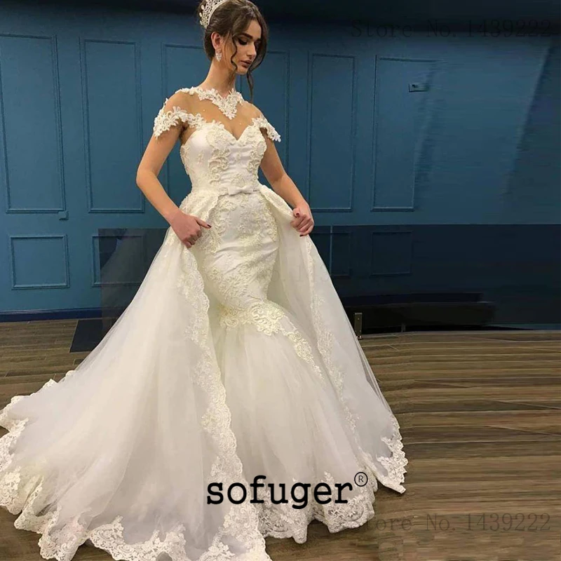 

Luxury Mermaid Wedding Dress Detachable Train Scoop Peals Illusion Bodice Robe De Mariee Sofuge Boho Dubai Arabic Abiti Da Sposa