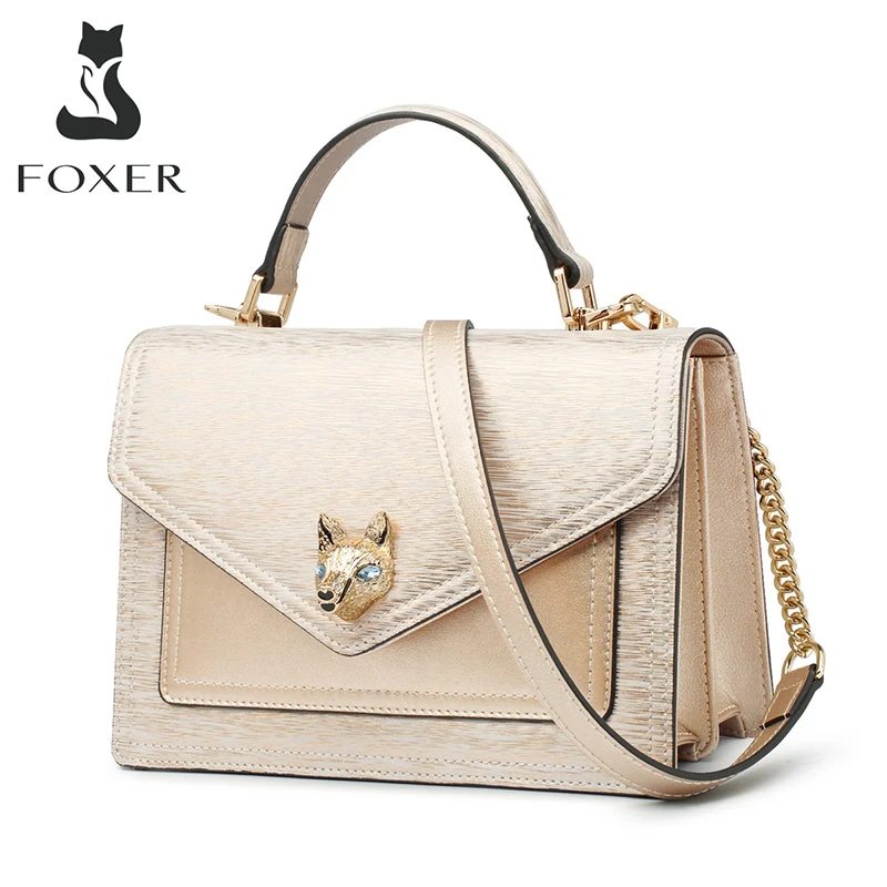 Женская сумка мессенджер FOXER Golder Chic черная мини из яловой кожи с логотипом на