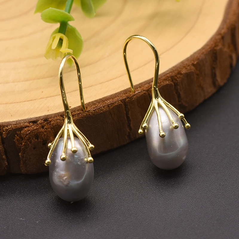 Tanie GLSEEVO Natural Fresh Water barokowy szary perłowy kolczyki dla kobiet 925 srebrne wiszące kolczyki luksusowe biżuteria GE0335B