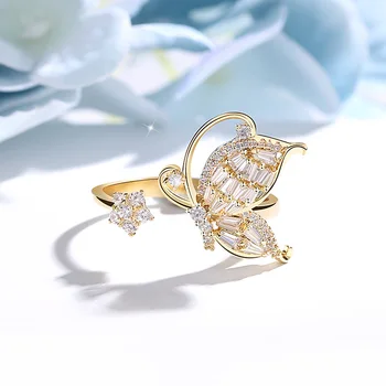 

Korean new design fashion jewelry smart fairy copper inlaid zircon butterfly flower opening adjustable female prom party ring