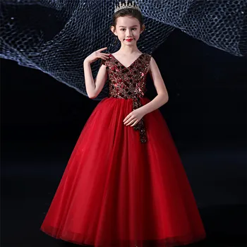 

Children Girls Luxury V-Collar Birthday Evening Party Princess Fluffy Prom Dress Kids Teens Fashion Sequined Host Piano Dresses
