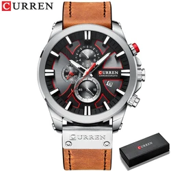 CURREN Men's Sport Chronograph Leather Watch - Fashionable Quartz Wristwatch Gift (Brown silver box)