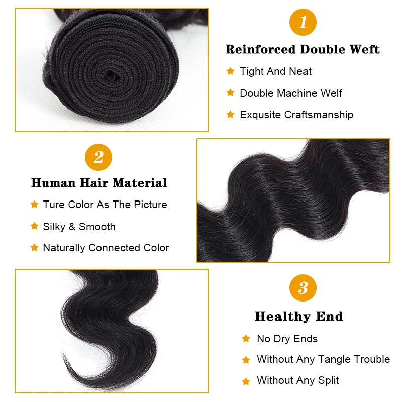 QT Hair Malaysian Body Wave Hair 3/4 Bundles With Lace Frontal Human Bundles With Frontal Non Remy Black Color