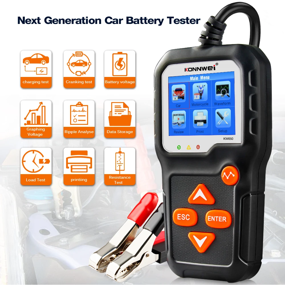 KONNWEI KW650 Car Battery Tester 100-2000CCA Cranking Voltage Tester for Car/Boat/Motorcycle Automotive Diagnostic Tool