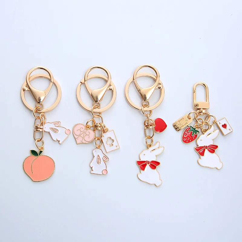 Cute Cartoon Rabbit Metal Keychain Lovely Pink Peach Strawberry Car Bag Keyring Girl Boy Couple Jewelry Lanyard Headset Pendant 2020 baby accessories 3pcs set lovely baby headbands cute bow flower newborn toddler kids girl hair head band set props gifts