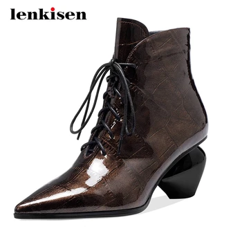 

Lenkisen work boots real leather gingham classic colors handmade pointed toe high strange heel zipper gorgeous ankle boots L2f3