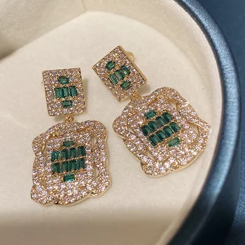 

Bilincolor luxury square block hollow out insert green zircon drop earrings , earrings for women party or gift
