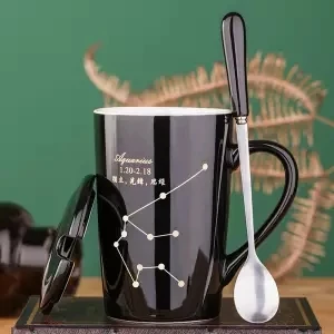 Чашка керамическая чашка кружка с крышкой с ложкой Мужская и женская пара креативная чашка Бытовая чайная чашка молочная чашка кофейная чашка Tazas стакан - Цвет: Aquarius