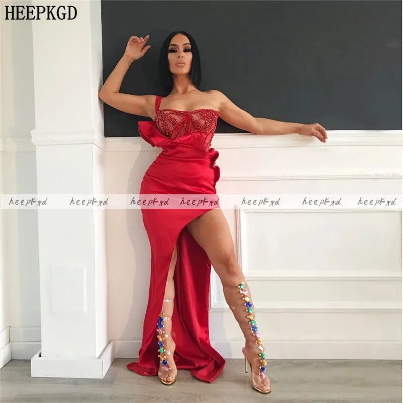 Sexy Red Asymmetrical Prom Dresses Strapless Beads Shiny Satin Special Occasion Dress For Women Plus Size Wedding Party Gown | Свадьбы и