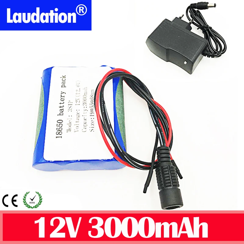 

12v battery with 1a charger 3Ah/3000mah lithium battery protection plate rechargeable 12.6V 18650 pack for CCTV/Camera/Light/LED