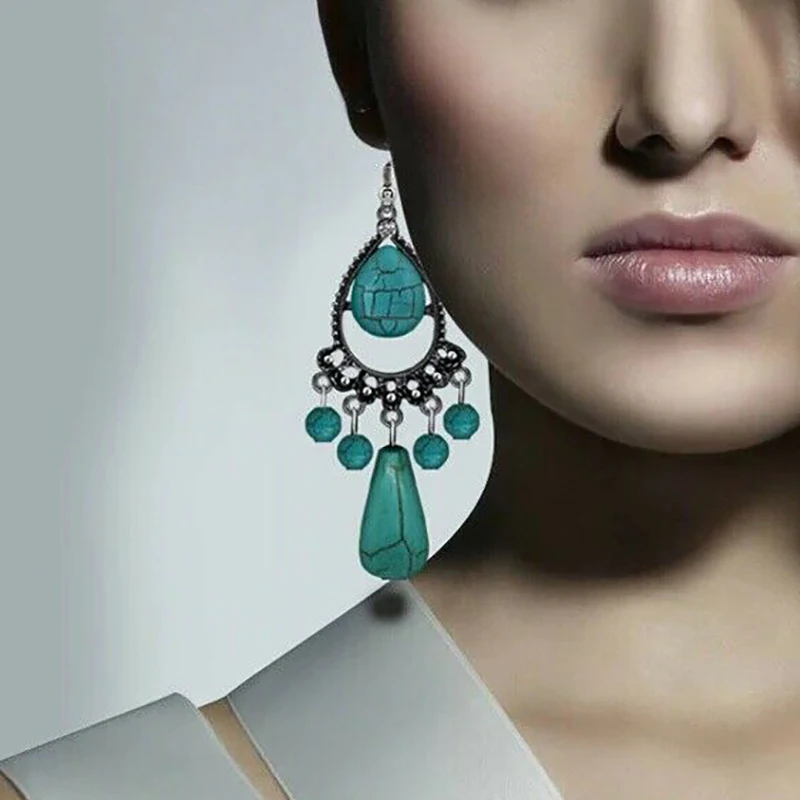 

Fashion retro cute temperament silver long tassel pendant turquoise owl earrings accessories Vintage Dangle Ear Hoop Antique