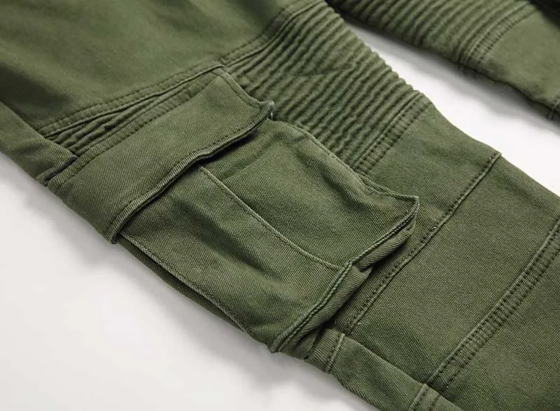 Mcikkny Fashion Mens Biker Jeans Pants Multi Pockets Motorcycle Denim Trousers For Male Army Green (3)