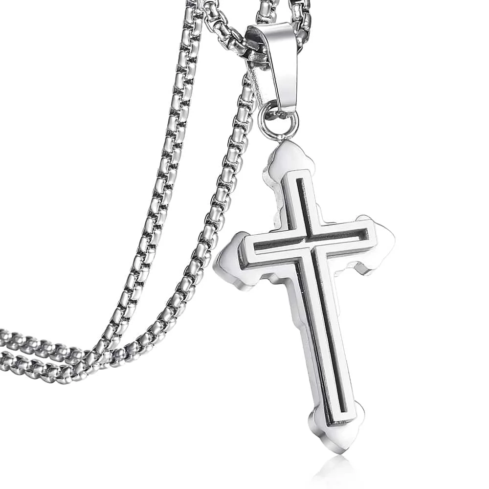 Men Gold Silver Black Stainless Steel Cross Crucifix Pendant Rope Cuban Necklace 