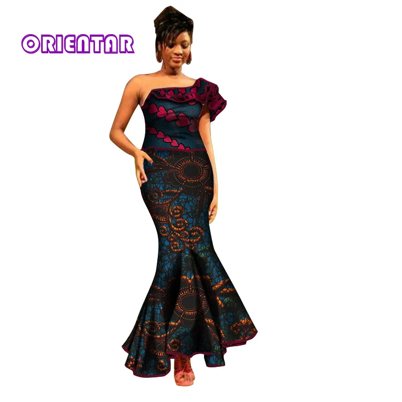 Женское Африканское платье, африканская традиционная одежда, Базен, Африканский принт, платья для женщин, леди, одно плечо, бодикорн, платье WY2785 - Цвет: 19