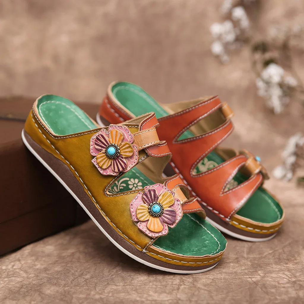 woman slippers Retro Dimensional Flower Material Stitching Sandals Vintage Wedge Shoes женские шлепанцы sandals | Обувь