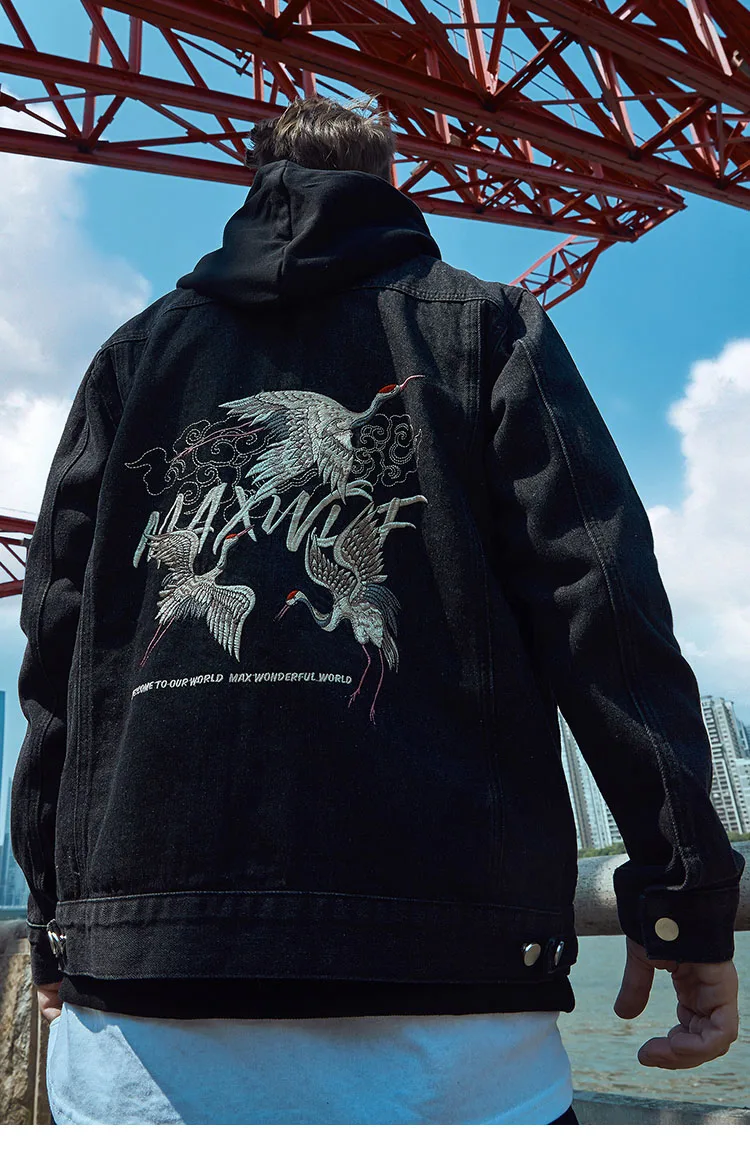 Crane Embroidered Denim Jacket Japanese Harajuku Men Hip Hop Jeans Jacket Streetwear Denim Bomber Jacket Black Blue Cotton